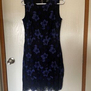 DKNY Blue Black Floral Lace Sleeveless Zip Up Dress Size 6